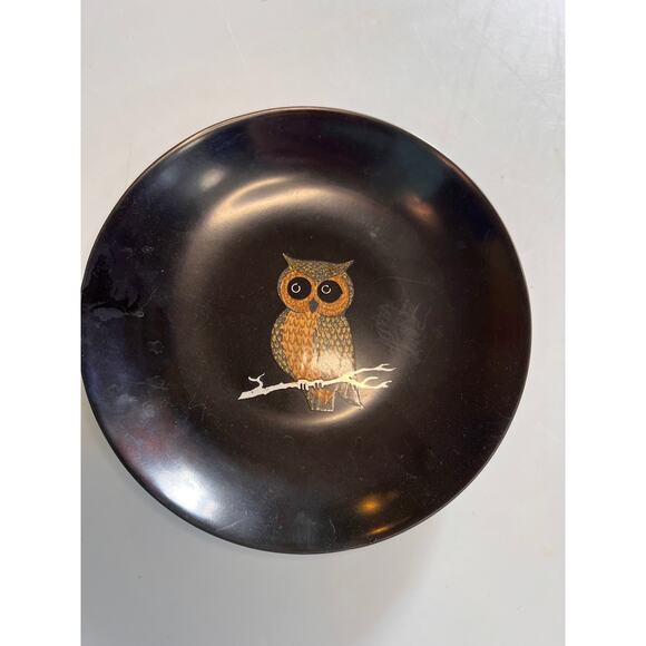 Vintage Couroc of Monterey Owl Inlay Bowl | MCM Black Resin Serving Dish 7.5" - Picture 8 of 9